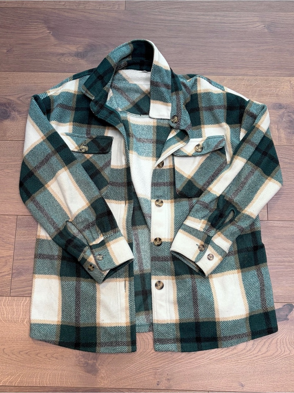 Fleece Plaid Button-Up Shacket in Cream and Forest Green